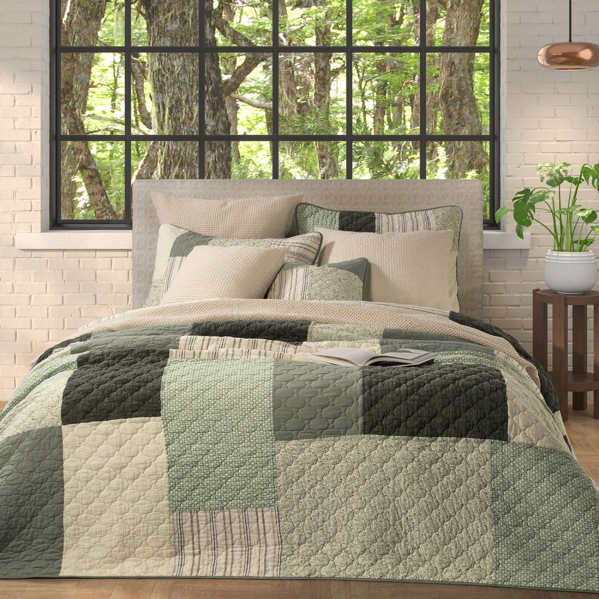 Broccolini Green and Cream Patchwork Quilt by Brunelli - green patchwork quilt, Nest Essentials Canada