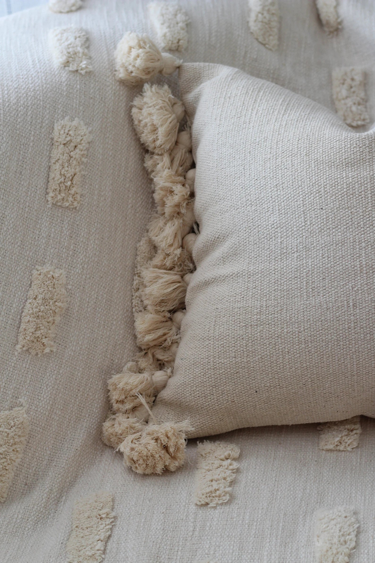 Boho Tassel Pillow Cover: Neutral Woven Cotton, 18x18