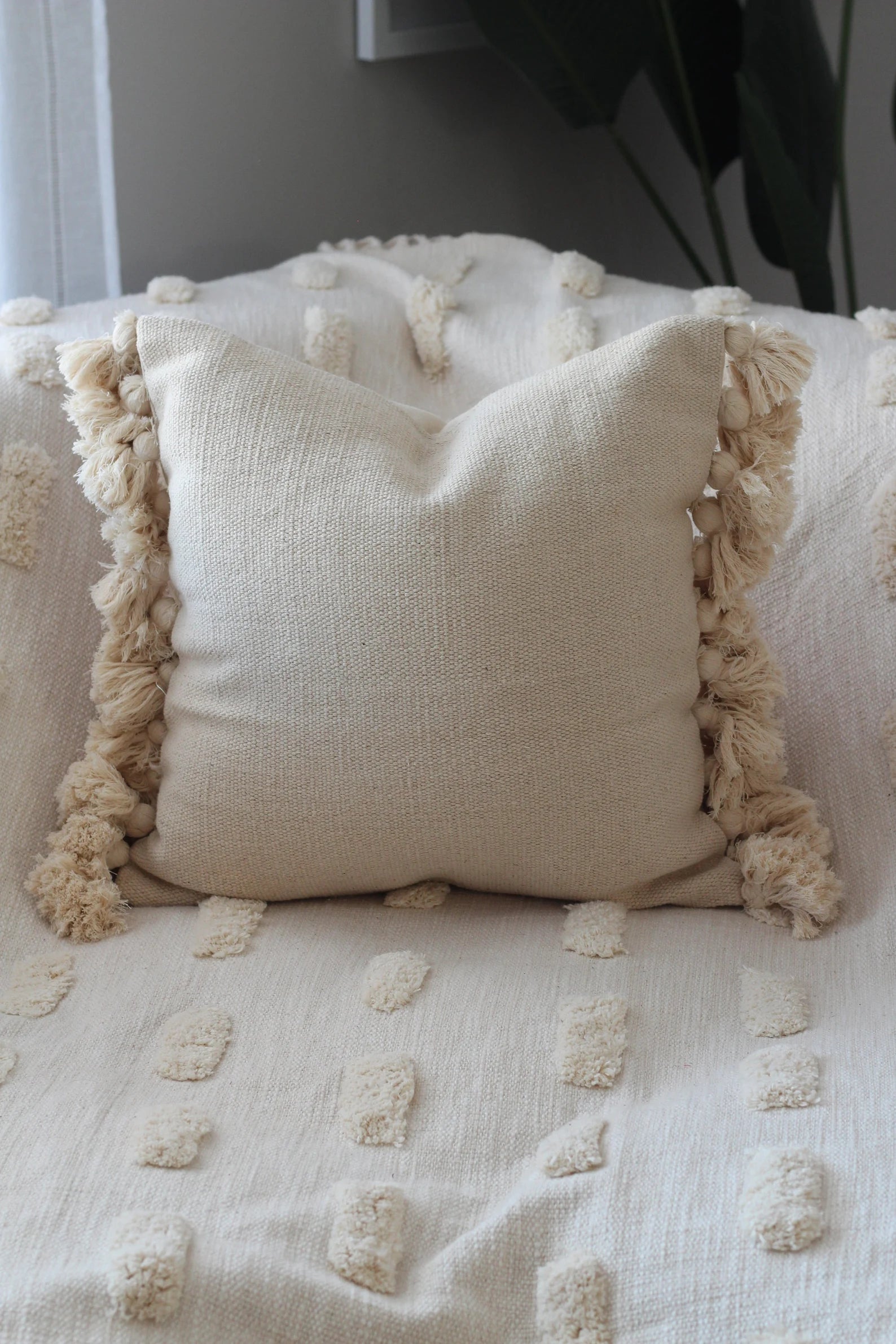 Boho Tassel Pillow Cover: Neutral Woven Cotton, 18x18