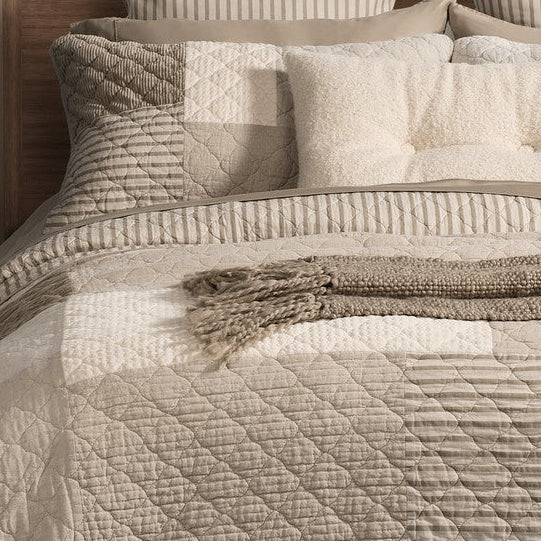 Panorama Patchwork Quilt - reversible taupe stripe side, Nest Essentials Canada
