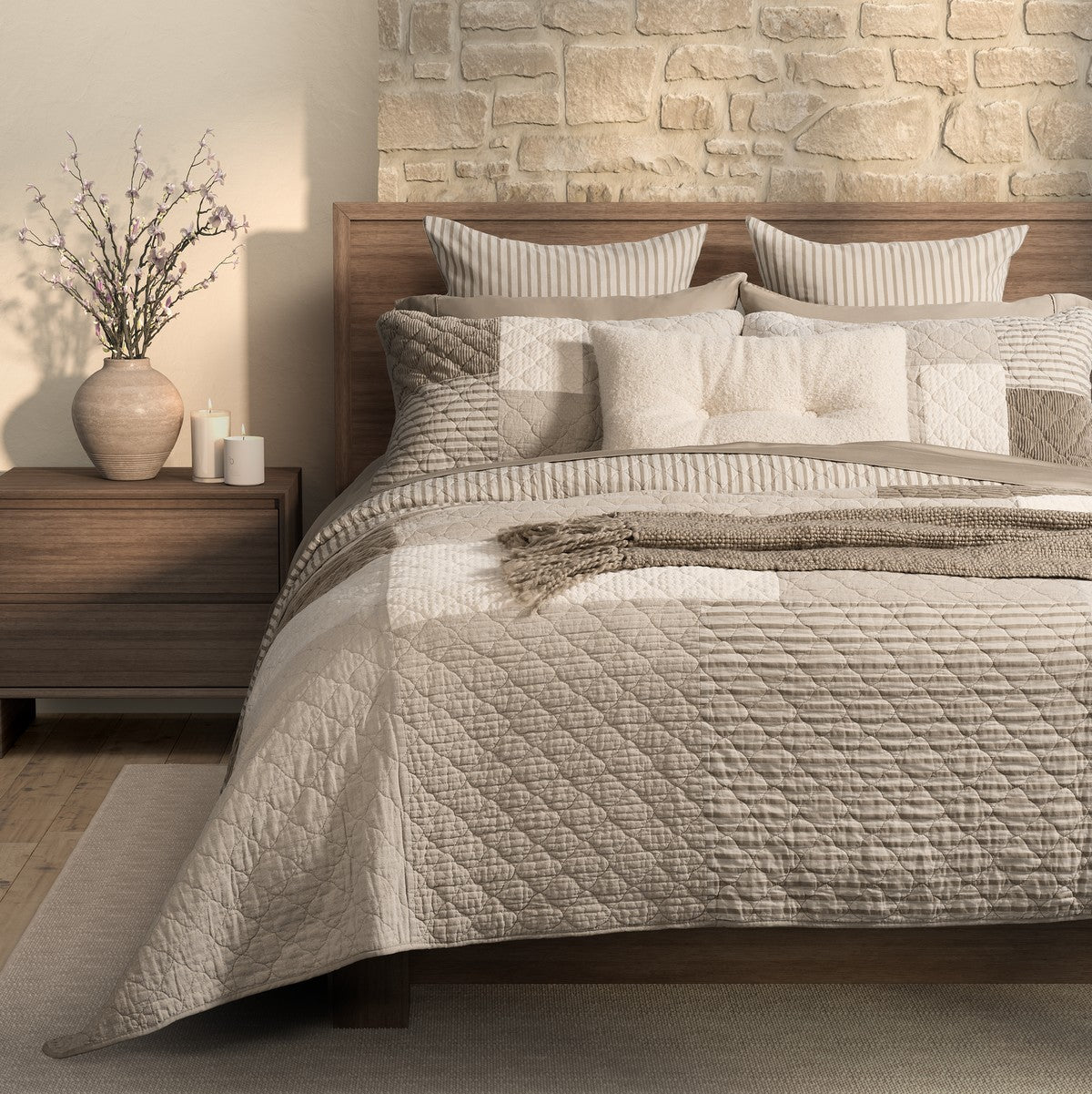 Panorama Natural and Ivory Patchwork Quilt by Brunelli - patchwork quilt in natural, ivory and taupe, Nest Essentials Canada