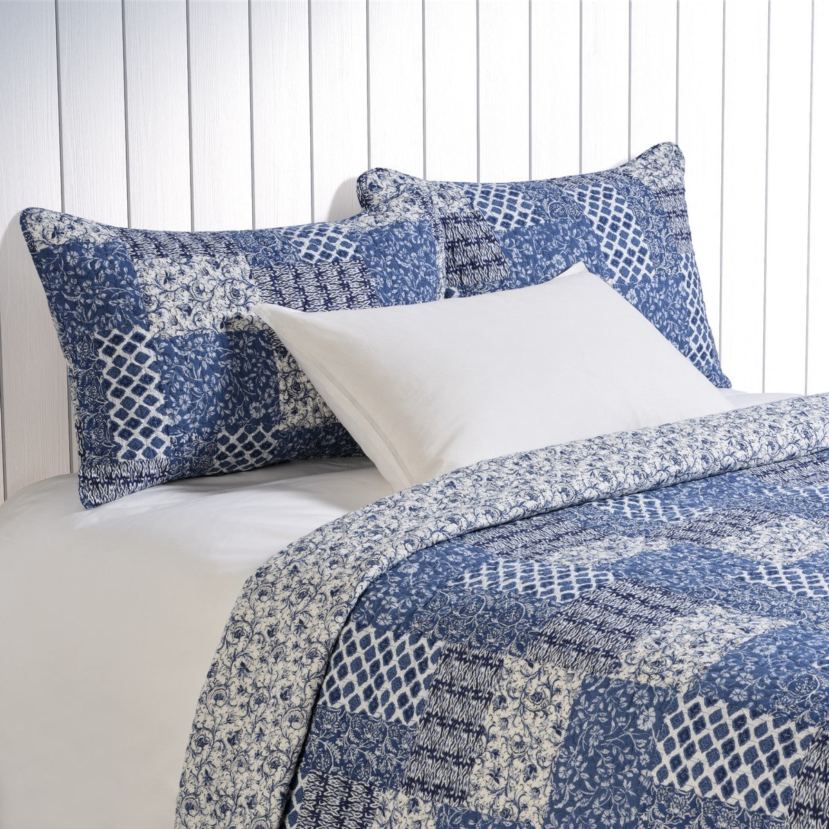 Donalda Blue Patchwork Quilt by Brunelli - blue and ivory patchwork quilt set, Nest Essentials Canada
