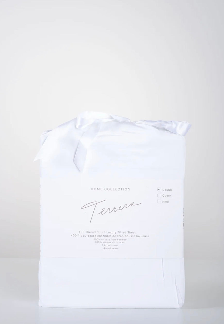 White bamboo fitted sheet folded product shot