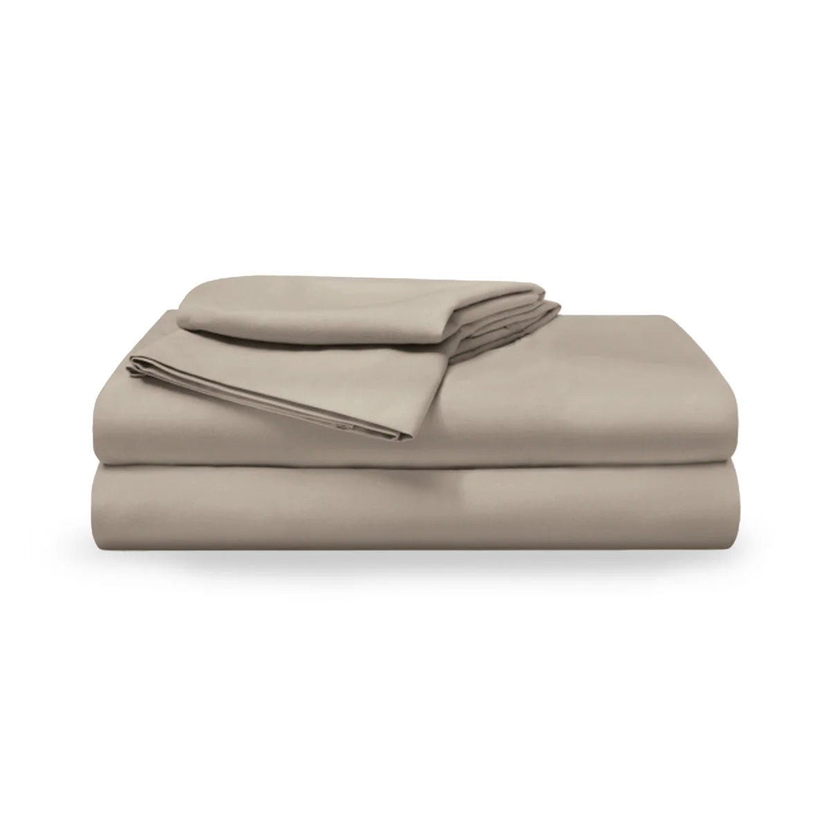 A stack of folded bedding, including a flat sheet and two pillowcases, in a solid taupe-beige color, set against a plain white background.