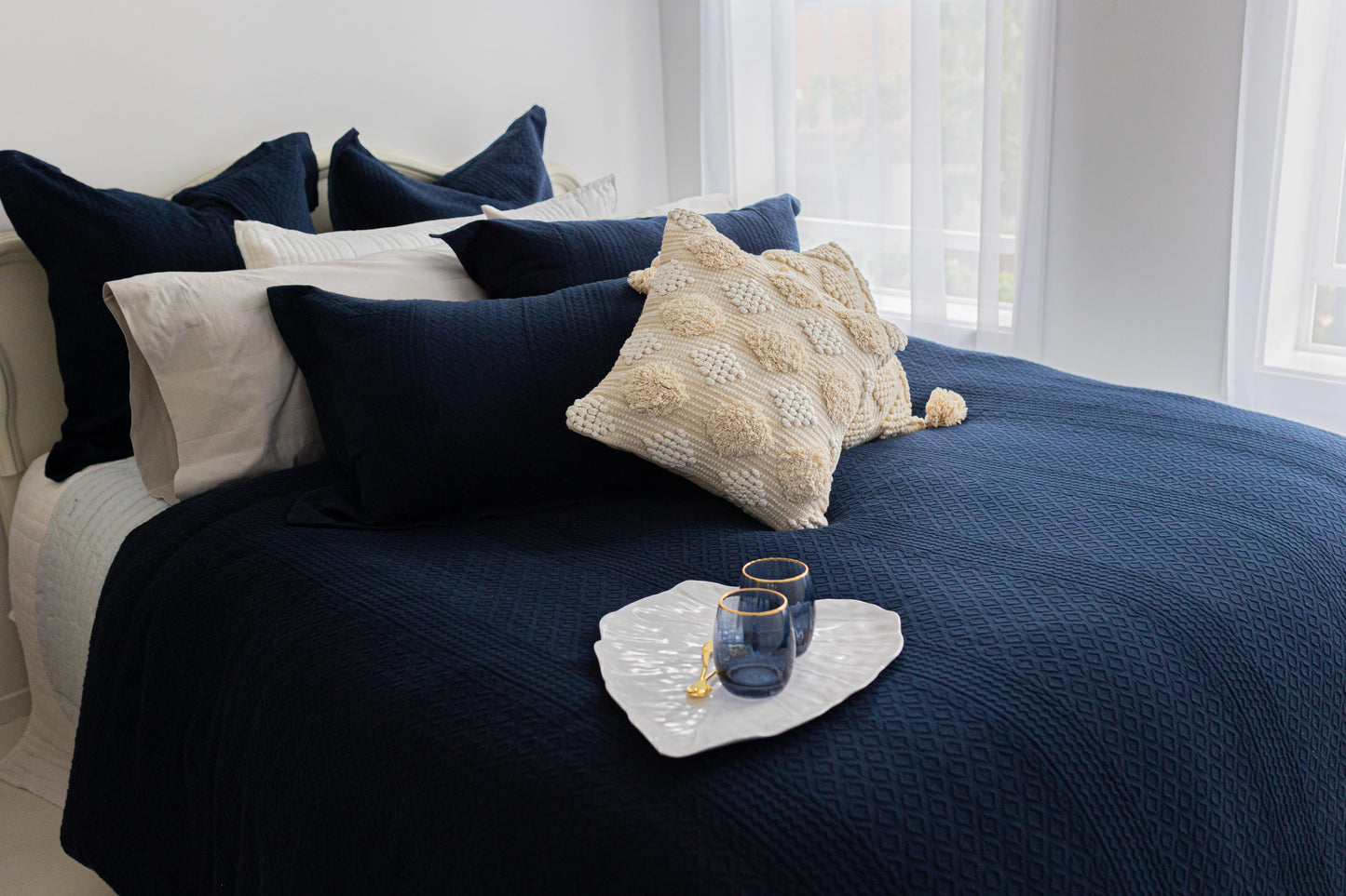 Floral Matalease Jacquard Duvet Cover Set - Navy Color - 100% Cotton
