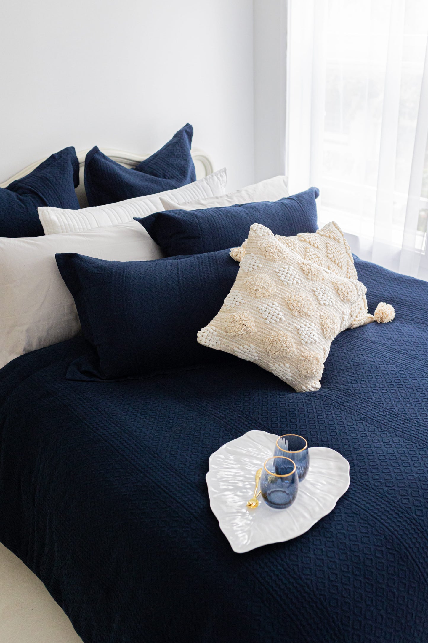 Floral Matalease Jacquard Duvet Cover Set - Navy Color - 100% Cotton