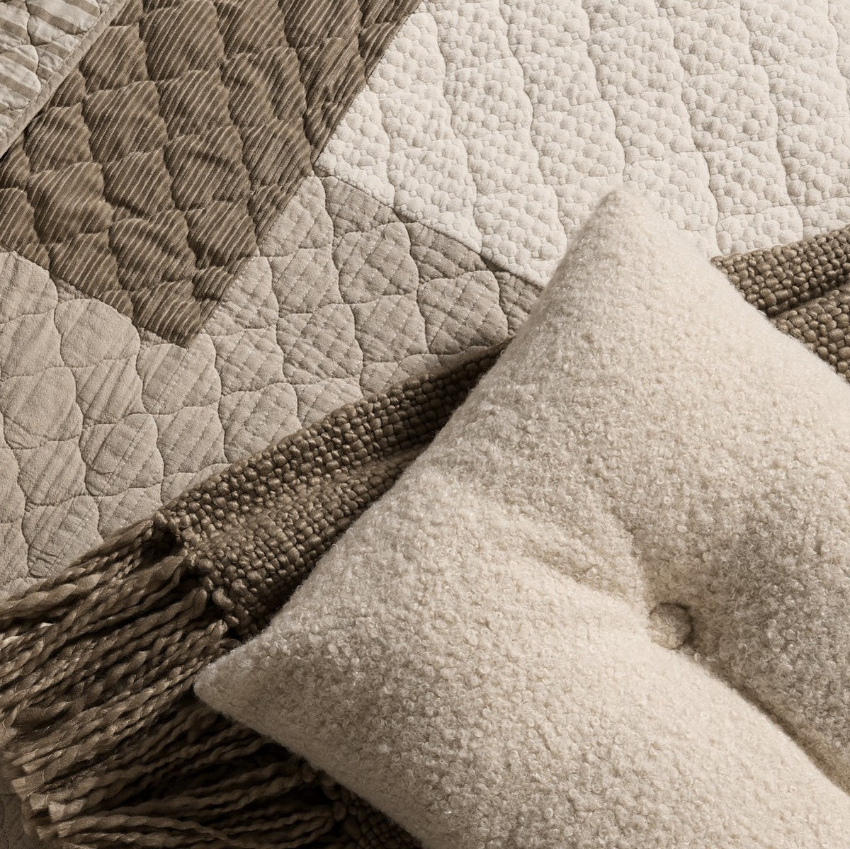 Panorama Patchwork Quilt - texture detail with corduroy and linen inserts, Nest Essentials Canada